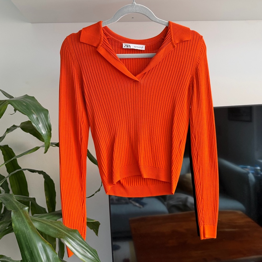 Zara Bright Orange Ribbed Collared Long-Sleeve Top